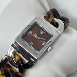 Merona Watch Women 23mm Silver Tone Faux Tortoise Brown Dial New Battery 6.75"